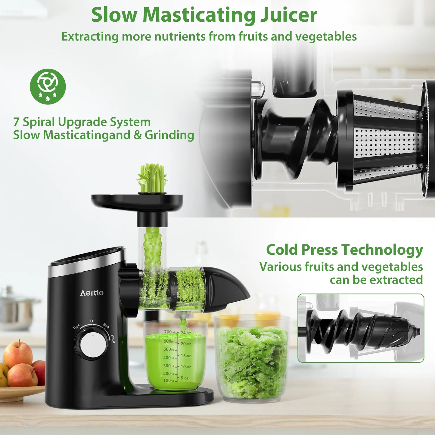 Aeitto Reverse Function Cold Press Juicer, Black