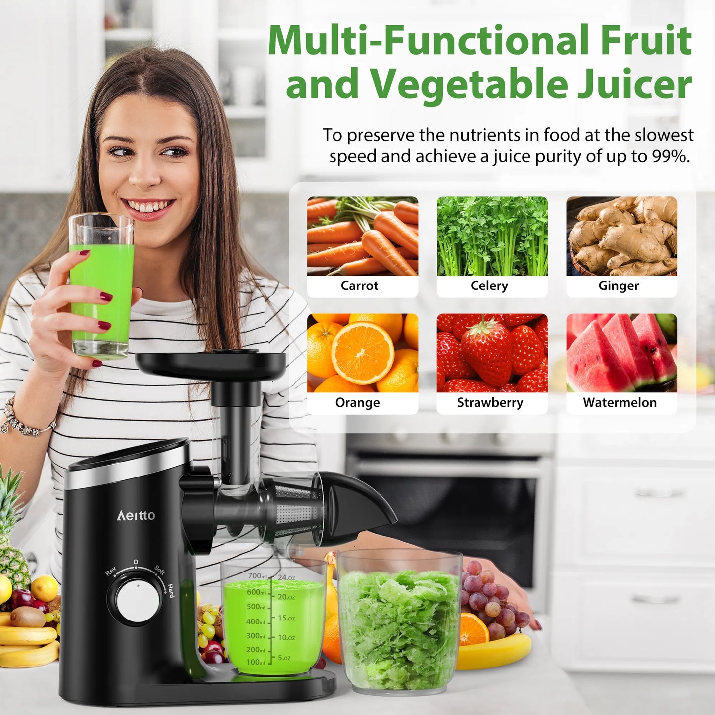 Aeitto Reverse Function Cold Press Juicer, Black