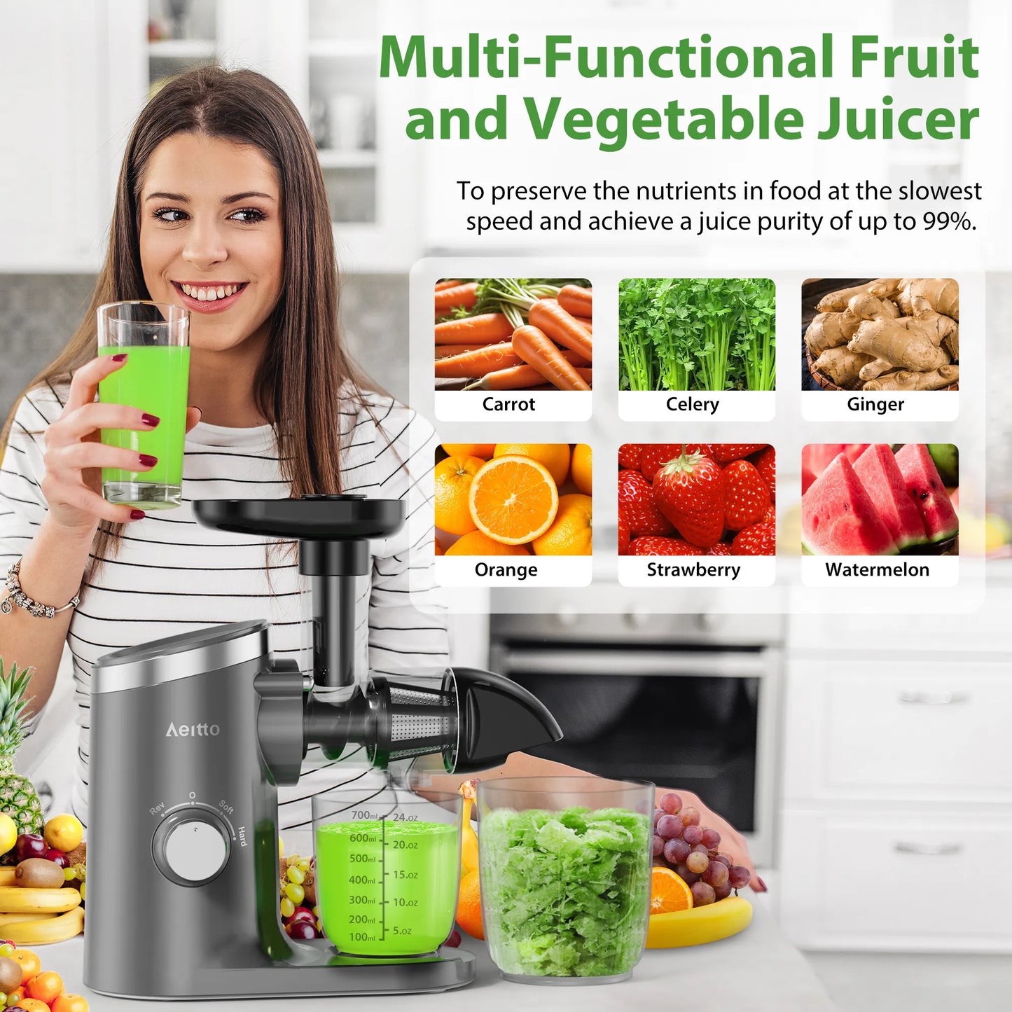 Aeitto Reverse Function Cold Press Juicer, Grey